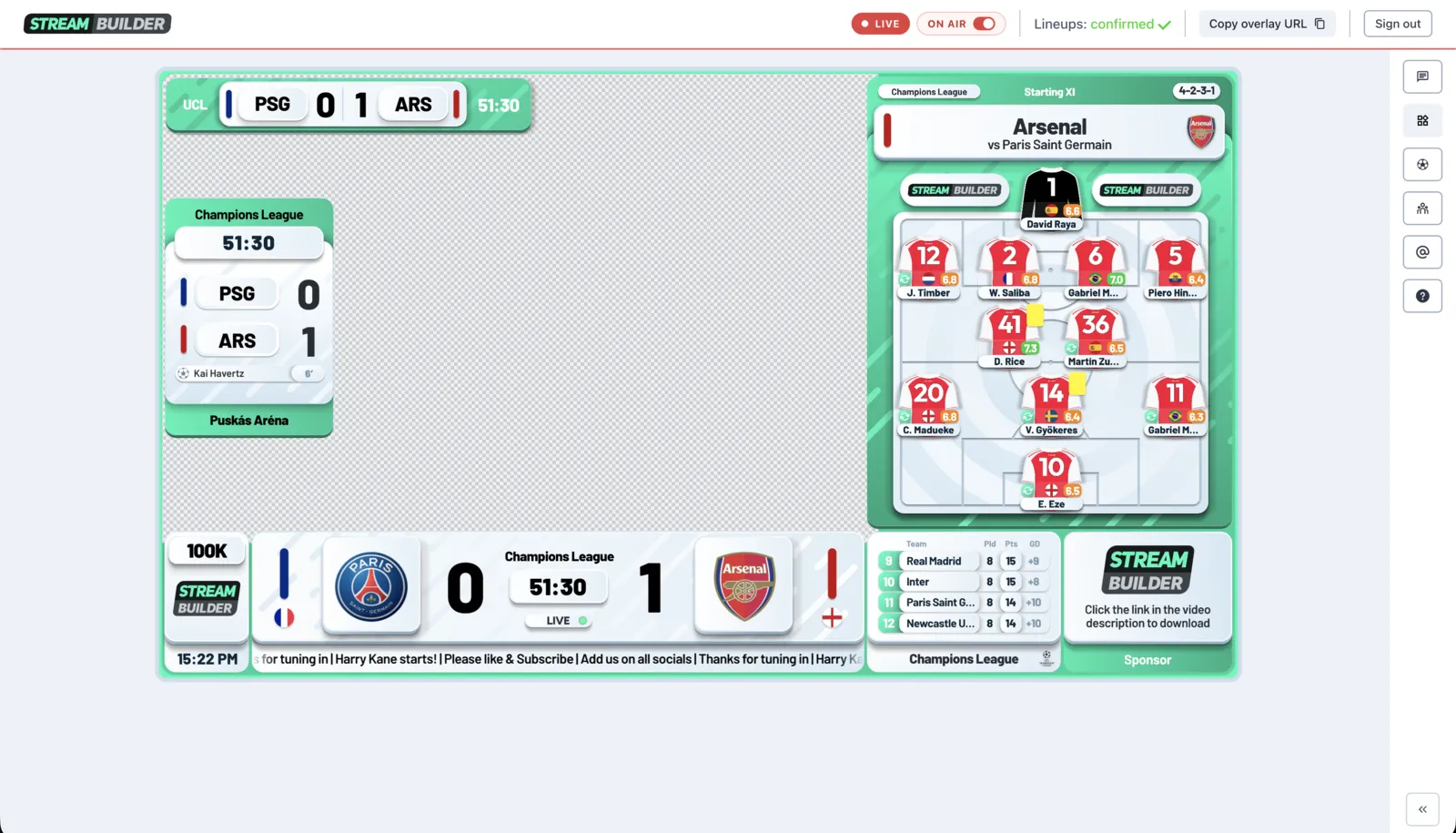 The Stream Builder widget library showing player stats, live match data, lineups, and transfer news graphics