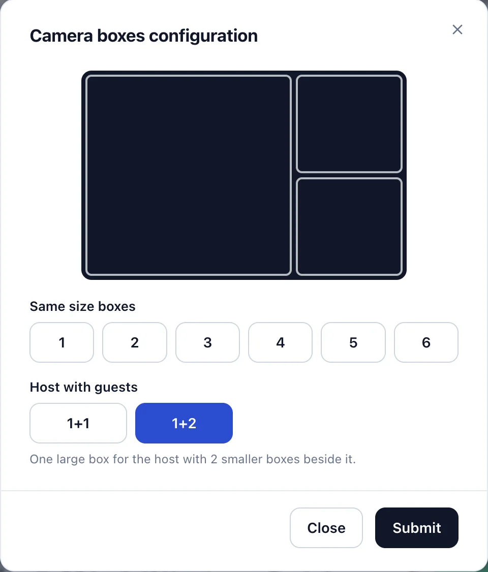 The Stream Builder camera boxes configuration modal, showing same-size layouts from one to six and host-with-guests layouts