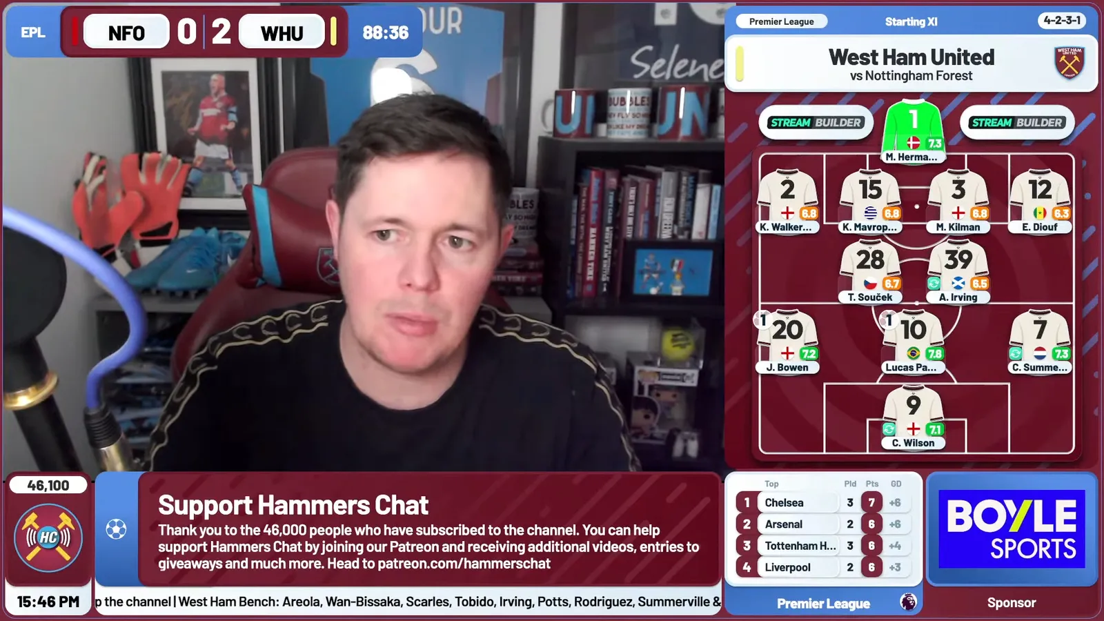 Hammers Chat live stream carrying a persistent sponsor placement inside their Stream Builder overlay