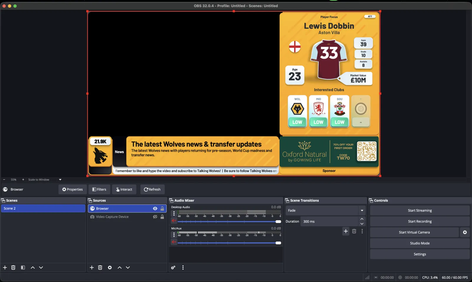 A live fan channel stream produced in OBS with Stream Builder overlays running as a browser source