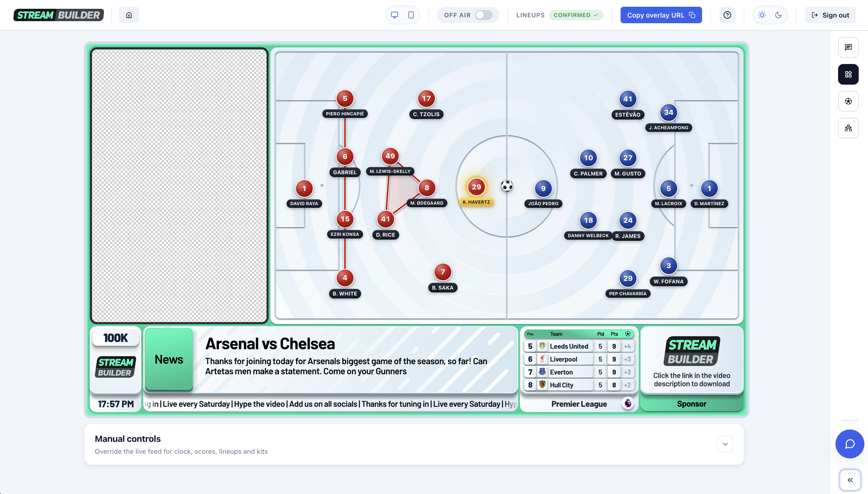 The Stream Builder tactics board on a football stream, with both teams on the pitch and lines and shapes drawn between players