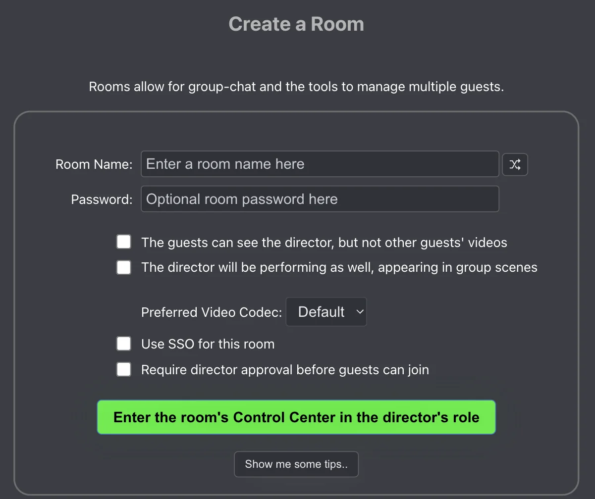The VDO.Ninja Create a Room screen, showing the room name field, optional password, and director options