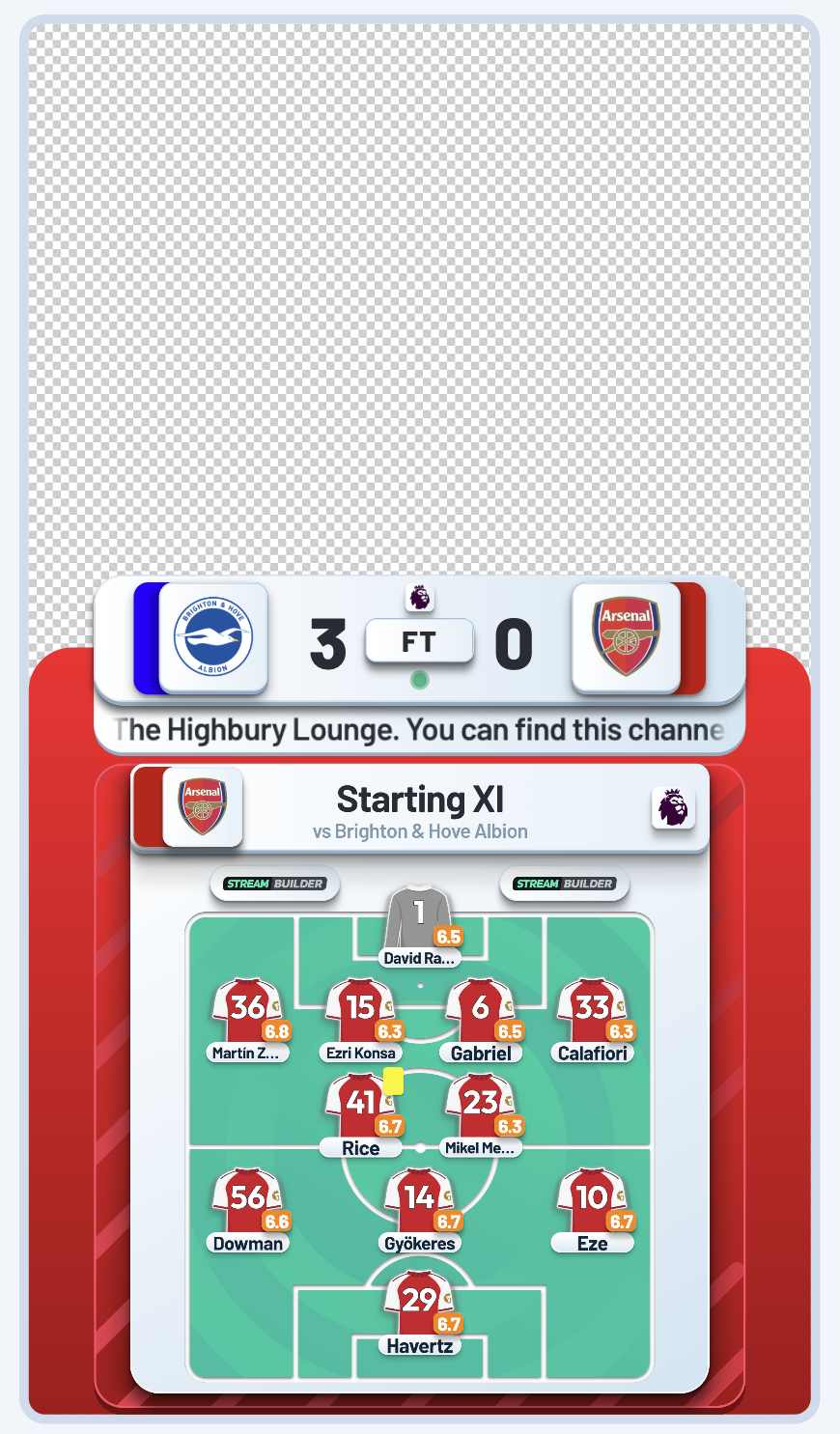 The Stream Builder vertical overlay, a tall layout stacking the score bug and starting XI below a clear space for your camera